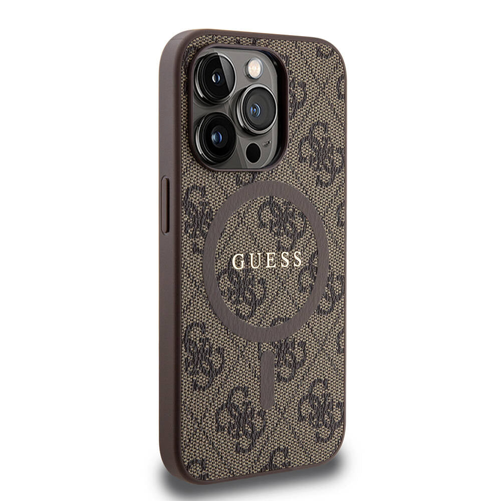 Guess iPhone 15 Pro Orjinal Lisanslı M-safe Şarj Özellikli PU Halkalı 4G Desenli Yazı Logolu Kılıf
