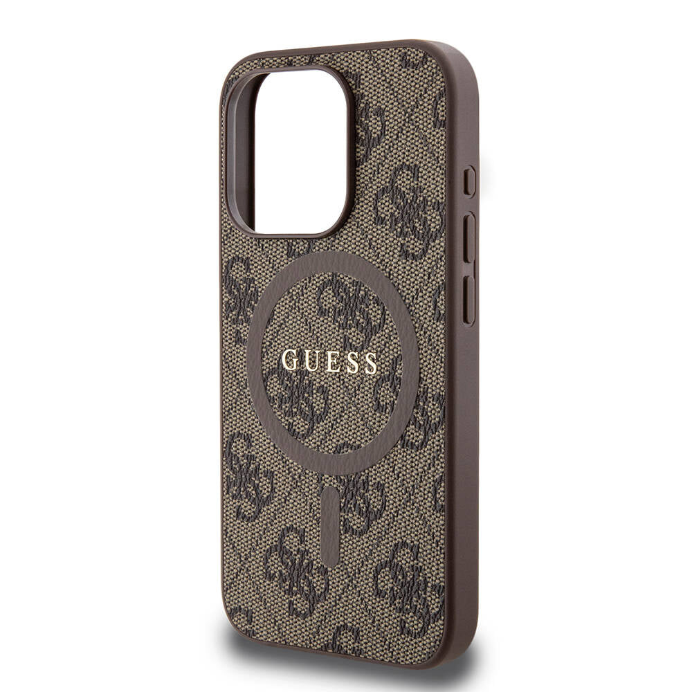 Guess iPhone 15 Pro Orjinal Lisanslı M-safe Şarj Özellikli PU Halkalı 4G Desenli Yazı Logolu Kılıf