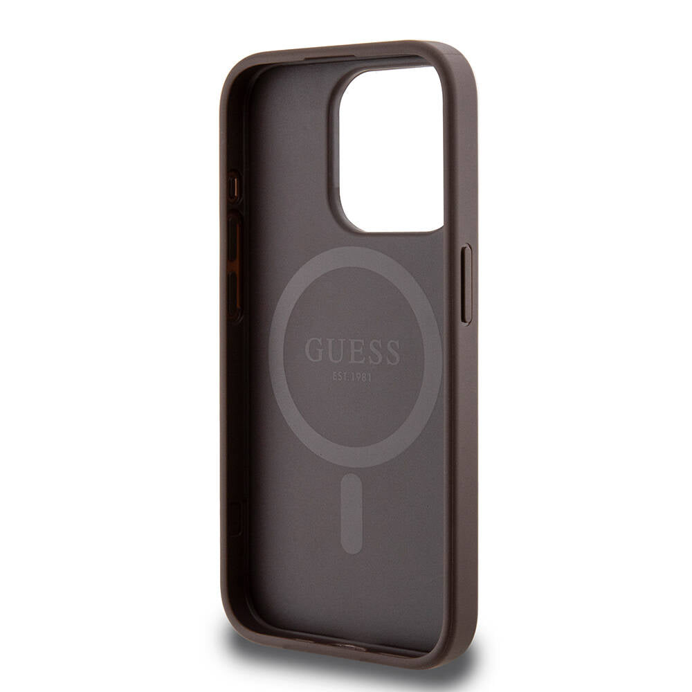 Guess iPhone 15 Pro Orjinal Lisanslı M-safe Şarj Özellikli PU Halkalı 4G Desenli Yazı Logolu Kılıf