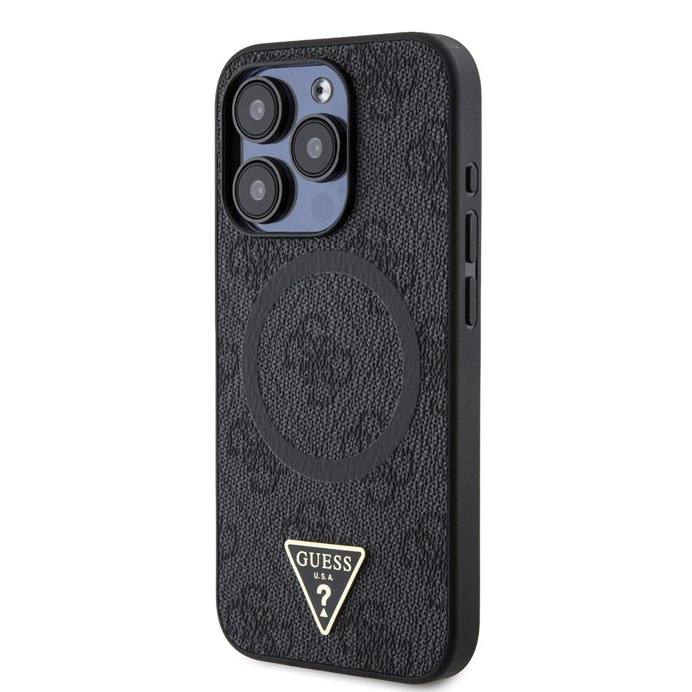 Guess iPhone 15 Pro Orjinal Lisanslı M-safe Şarj Özellikli PU Üçgen Logo 4G Desenli Kılıf