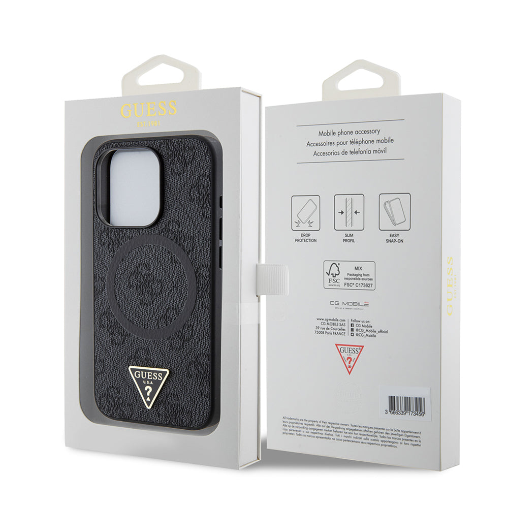 Guess iPhone 15 Pro Orjinal Lisanslı M-safe Şarj Özellikli PU Üçgen Logo 4G Desenli Kılıf