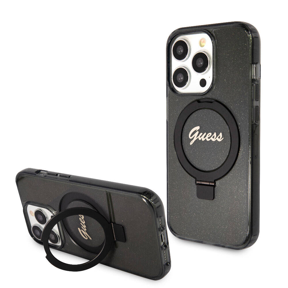 Guess iPhone 15 Pro Orjinal Lisanslı Magsafe Şarj Özellikli Simli Arka Yüzey Ring Standlı Telefon Kılıfı - 1