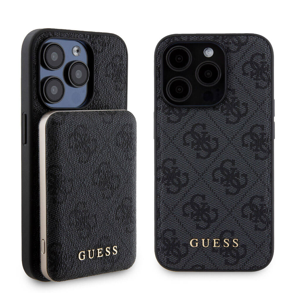 Guess iPhone 15 Pro Orjinal Lisanslı Magsafe Şarj Özellikli Yazı Logolu 4G Desenli Telefon Kılıfı + Powerbank 5000mAh 2in1 Set