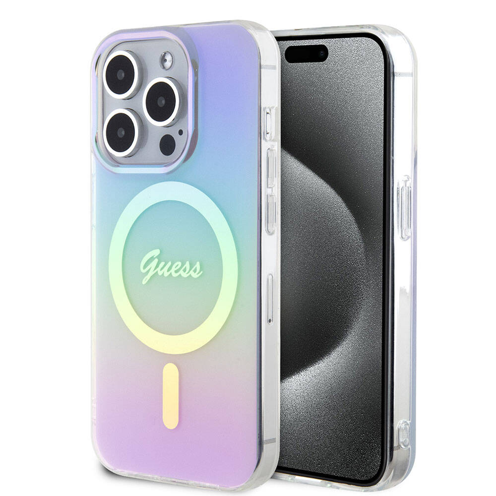 Guess iPhone 15 Pro Orjinal Lisanslı Magsafe Şarj Özellikli Yazı Logolu Iridescent Telefon Kılıfı