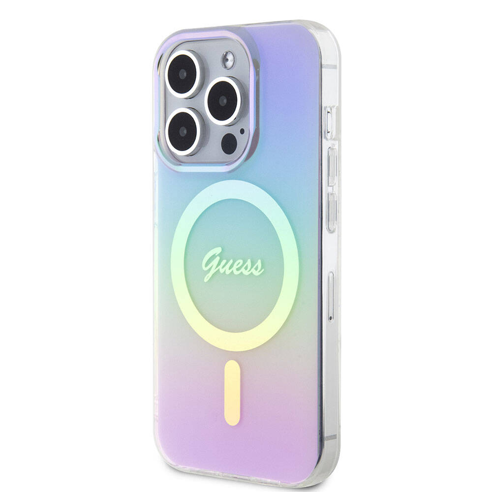 Guess iPhone 15 Pro Orjinal Lisanslı Magsafe Şarj Özellikli Yazı Logolu Iridescent Telefon Kılıfı