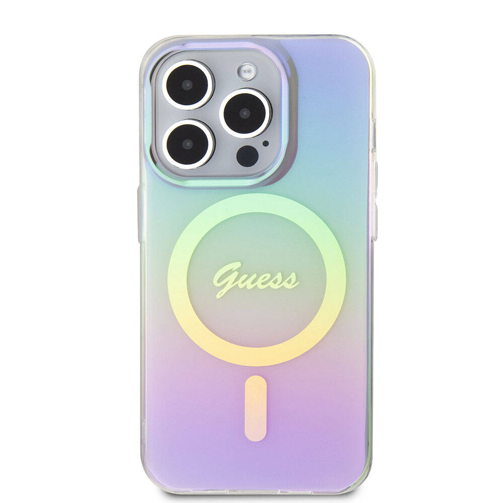 Guess iPhone 15 Pro Orjinal Lisanslı Magsafe Şarj Özellikli Yazı Logolu Iridescent Telefon Kılıfı