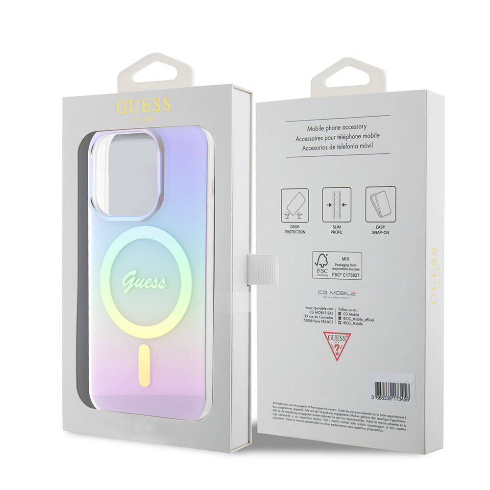 Guess iPhone 15 Pro Orjinal Lisanslı Magsafe Şarj Özellikli Yazı Logolu Iridescent Telefon Kılıfı