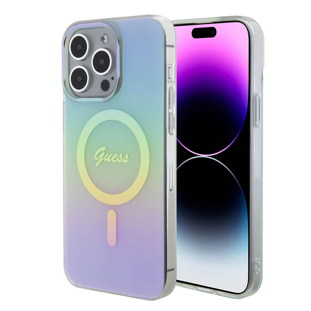 Guess iPhone 15 Pro Orjinal Lisanslı Magsafe Şarj Özellikli Yazı Logolu Iridescent Telefon Kılıfı