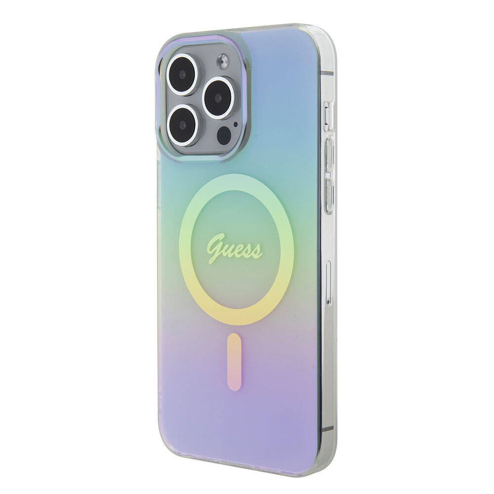 Guess iPhone 15 Pro Orjinal Lisanslı Magsafe Şarj Özellikli Yazı Logolu Iridescent Telefon Kılıfı