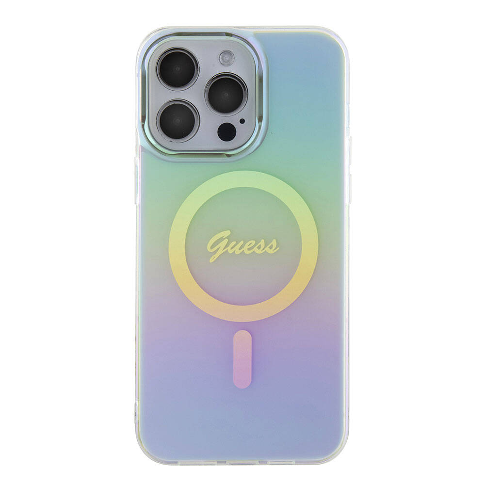 Guess iPhone 15 Pro Orjinal Lisanslı Magsafe Şarj Özellikli Yazı Logolu Iridescent Telefon Kılıfı