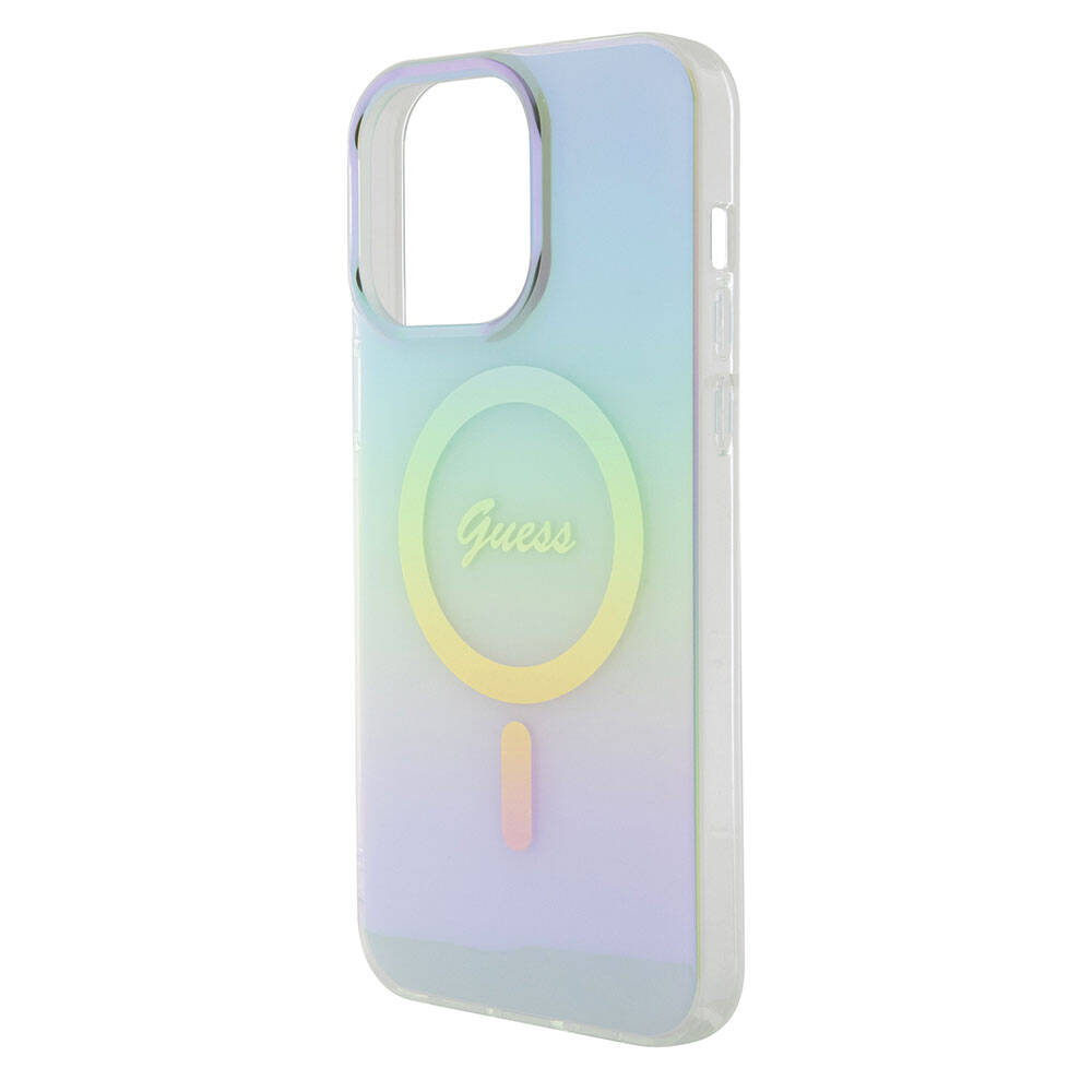 Guess iPhone 15 Pro Orjinal Lisanslı Magsafe Şarj Özellikli Yazı Logolu Iridescent Telefon Kılıfı