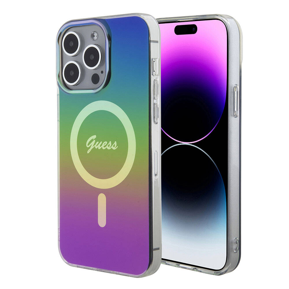 Guess iPhone 15 Pro Orjinal Lisanslı Magsafe Şarj Özellikli Yazı Logolu Iridescent Telefon Kılıfı