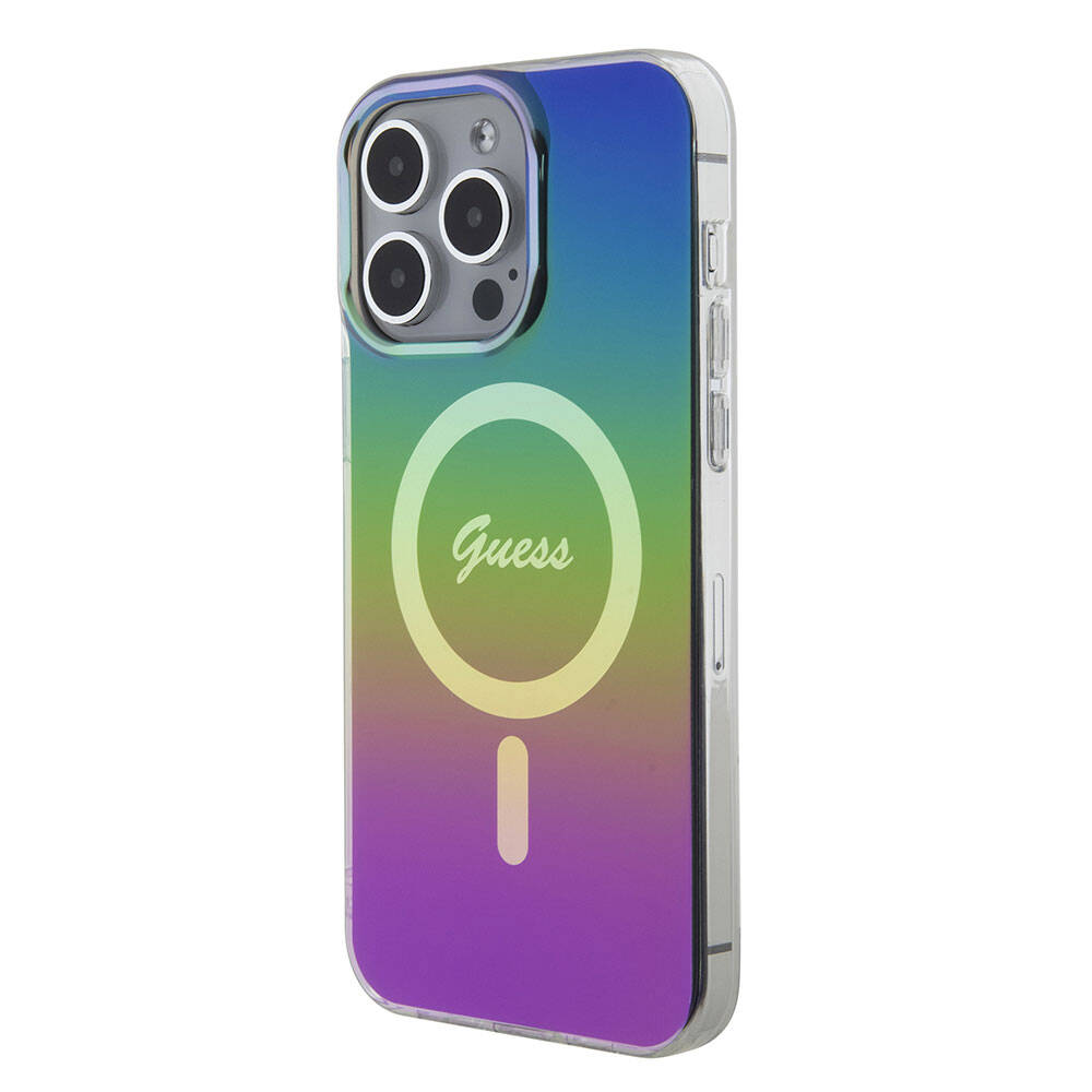 Guess iPhone 15 Pro Orjinal Lisanslı Magsafe Şarj Özellikli Yazı Logolu Iridescent Telefon Kılıfı