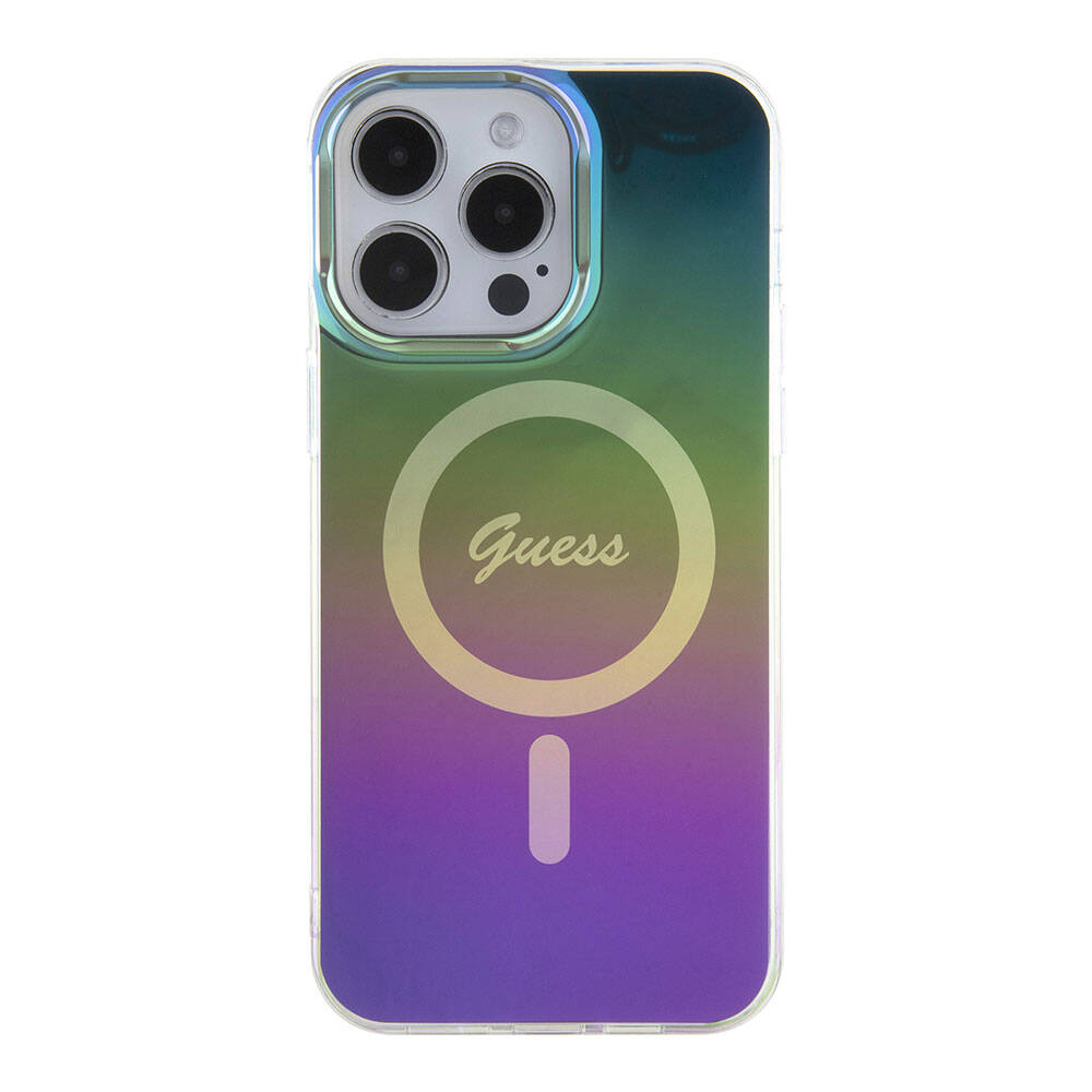 Guess iPhone 15 Pro Orjinal Lisanslı Magsafe Şarj Özellikli Yazı Logolu Iridescent Telefon Kılıfı