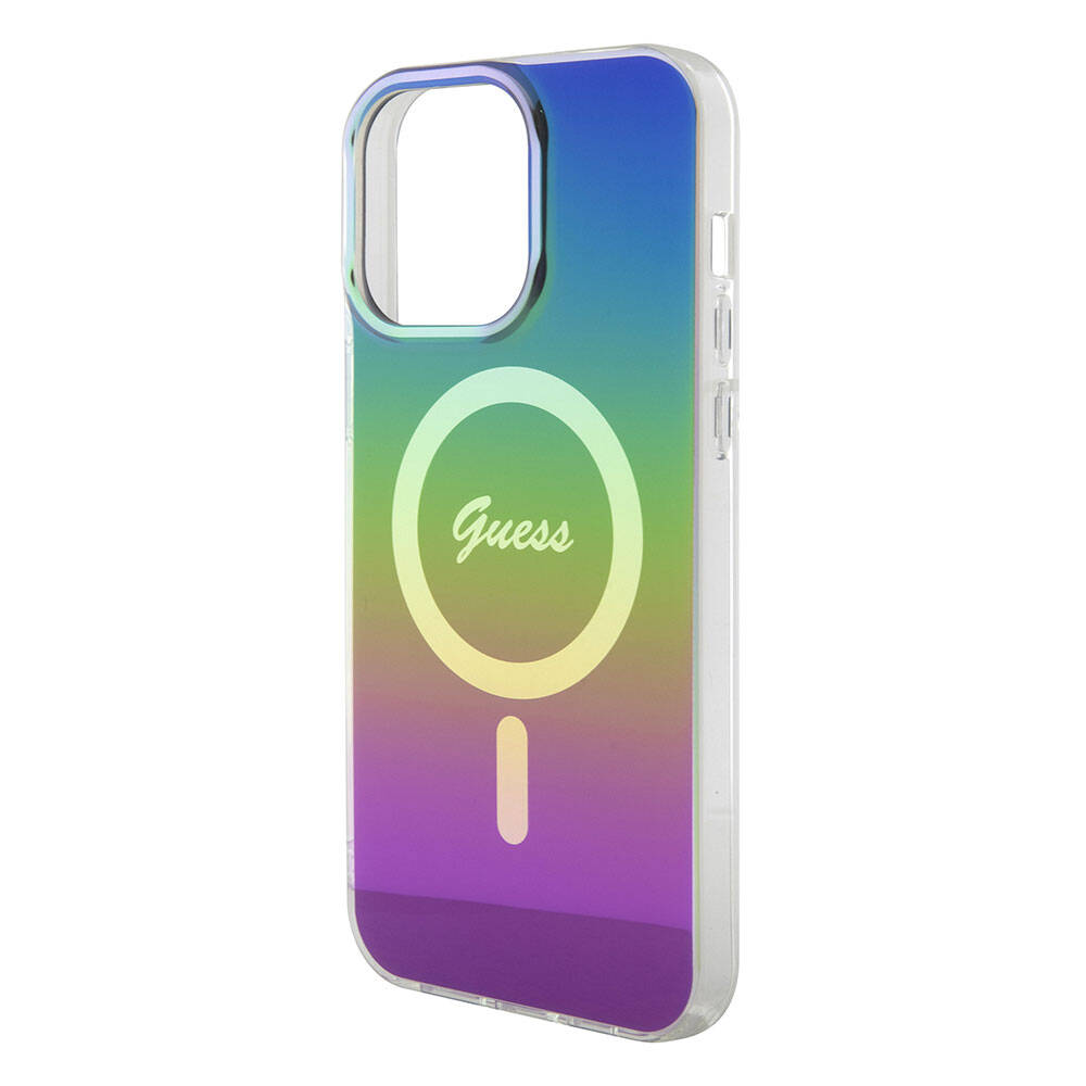 Guess iPhone 15 Pro Orjinal Lisanslı Magsafe Şarj Özellikli Yazı Logolu Iridescent Telefon Kılıfı