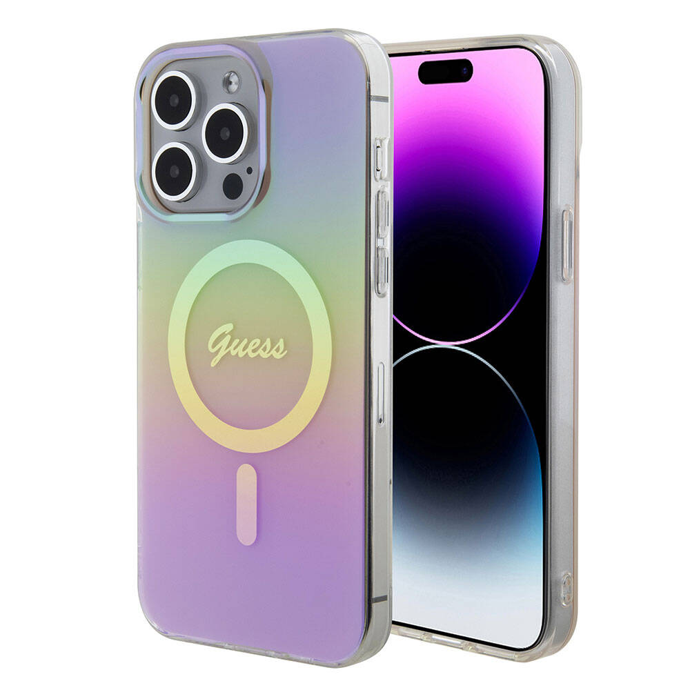 Guess iPhone 15 Pro Orjinal Lisanslı Magsafe Şarj Özellikli Yazı Logolu Iridescent Telefon Kılıfı