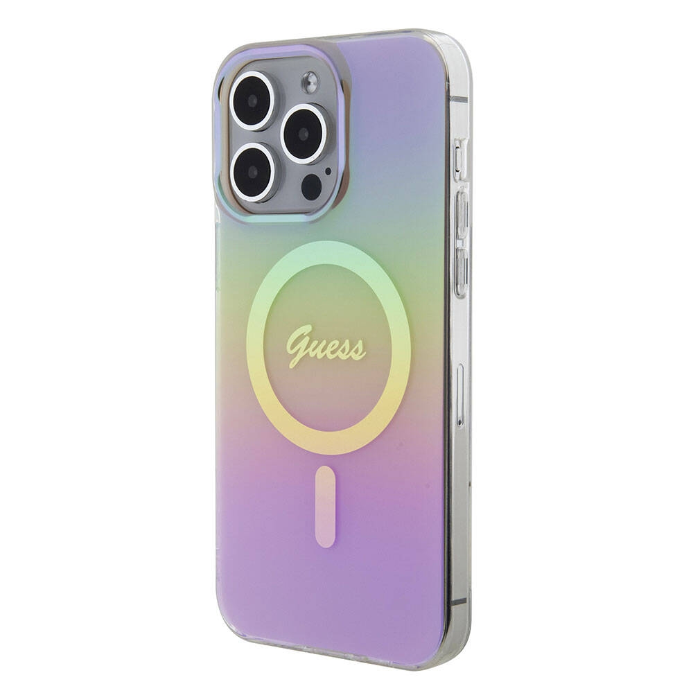 Guess iPhone 15 Pro Orjinal Lisanslı Magsafe Şarj Özellikli Yazı Logolu Iridescent Telefon Kılıfı