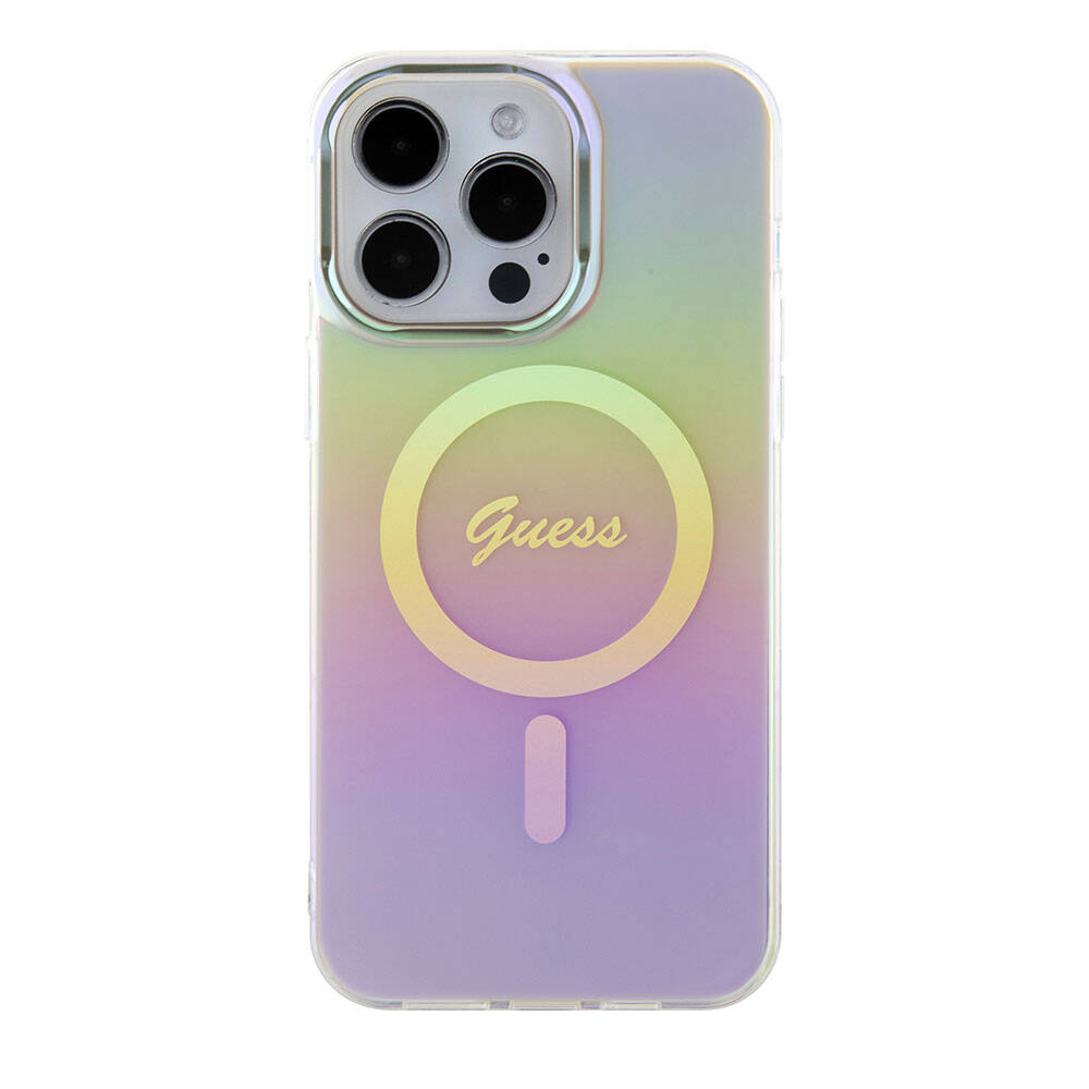 Guess iPhone 15 Pro Orjinal Lisanslı Magsafe Şarj Özellikli Yazı Logolu Iridescent Telefon Kılıfı