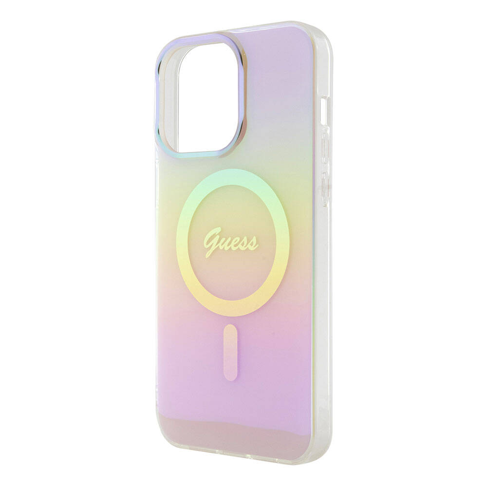 Guess iPhone 15 Pro Orjinal Lisanslı Magsafe Şarj Özellikli Yazı Logolu Iridescent Telefon Kılıfı