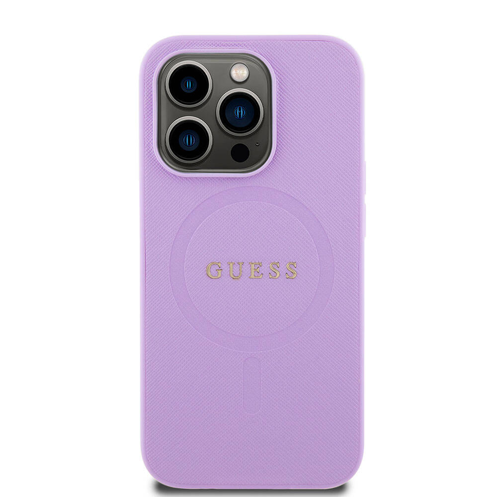 Guess iPhone 15 Pro Orjinal Lisanslı M-safe Şarj Özellikli Yazı Logolu Saffiano Kılıf