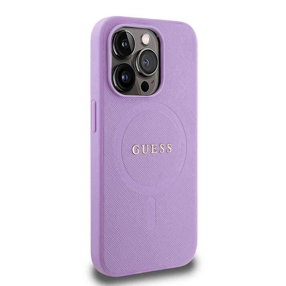 Guess iPhone 15 Pro Orjinal Lisanslı M-safe Şarj Özellikli Yazı Logolu Saffiano Kılıf