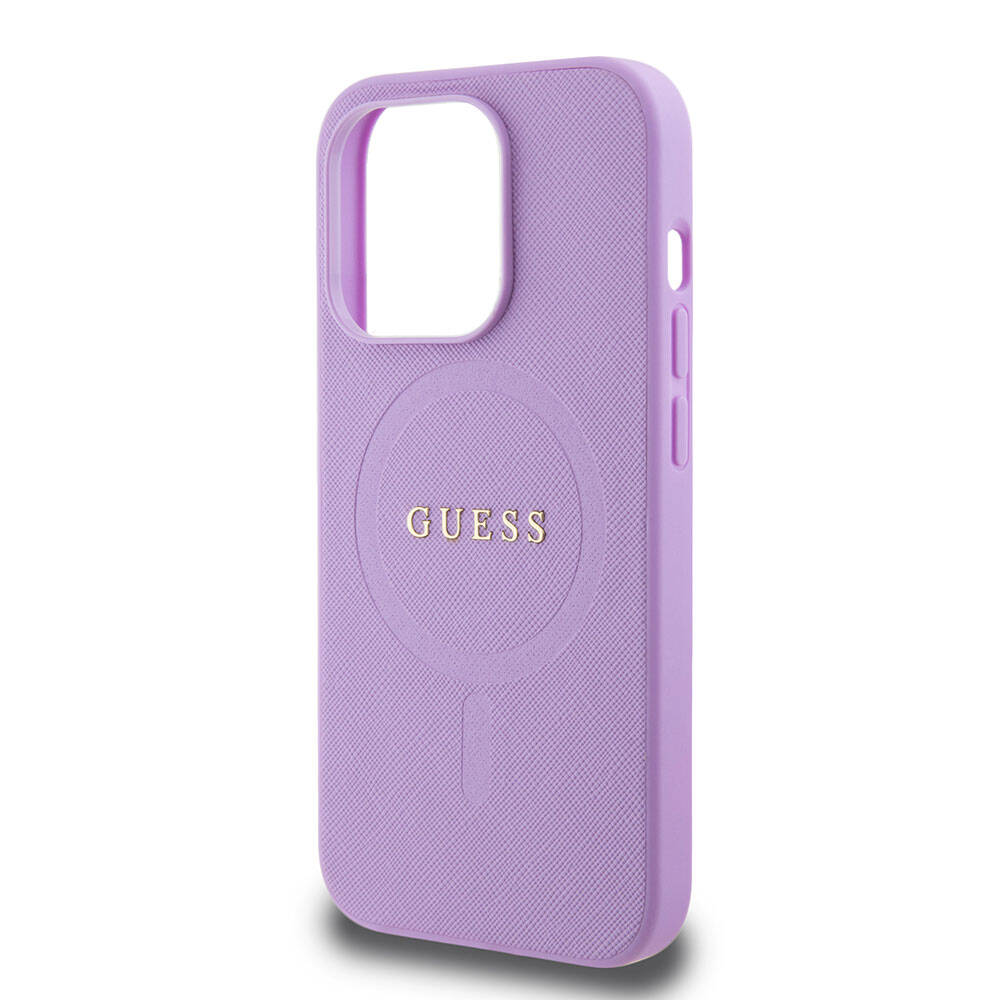 Guess iPhone 15 Pro Orjinal Lisanslı M-safe Şarj Özellikli Yazı Logolu Saffiano Kılıf