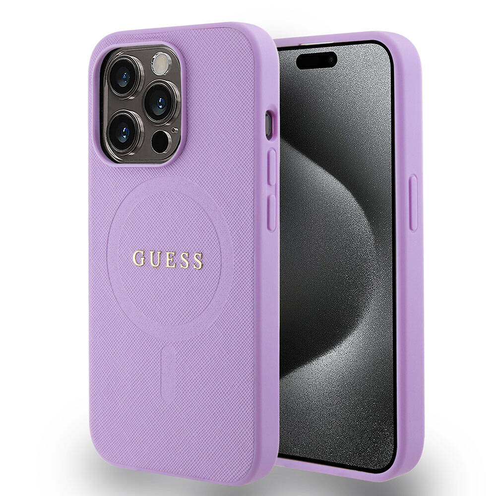 Guess iPhone 15 Pro Orjinal Lisanslı M-safe Şarj Özellikli Yazı Logolu Saffiano Kılıf
