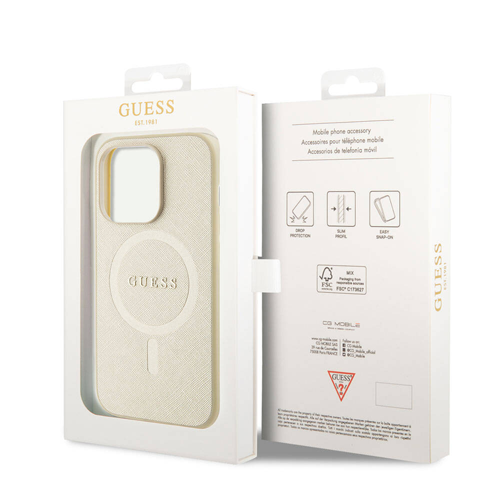 Guess iPhone 15 Pro Orjinal Lisanslı Magsafe Şarj Özellikli Yazı Logolu Saffiano Telefon Kılıfı