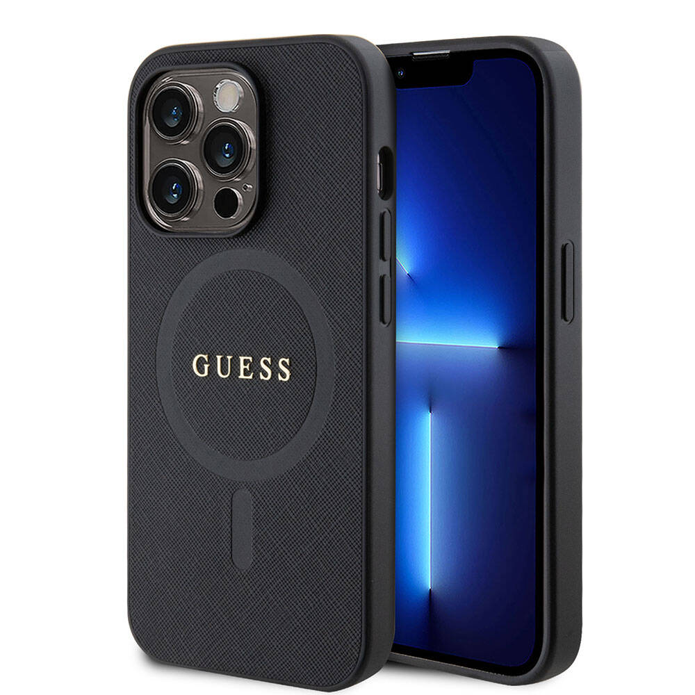 Guess iPhone 15 Pro Orjinal Lisanslı Magsafe Şarj Özellikli Yazı Logolu Saffiano Telefon Kılıfı