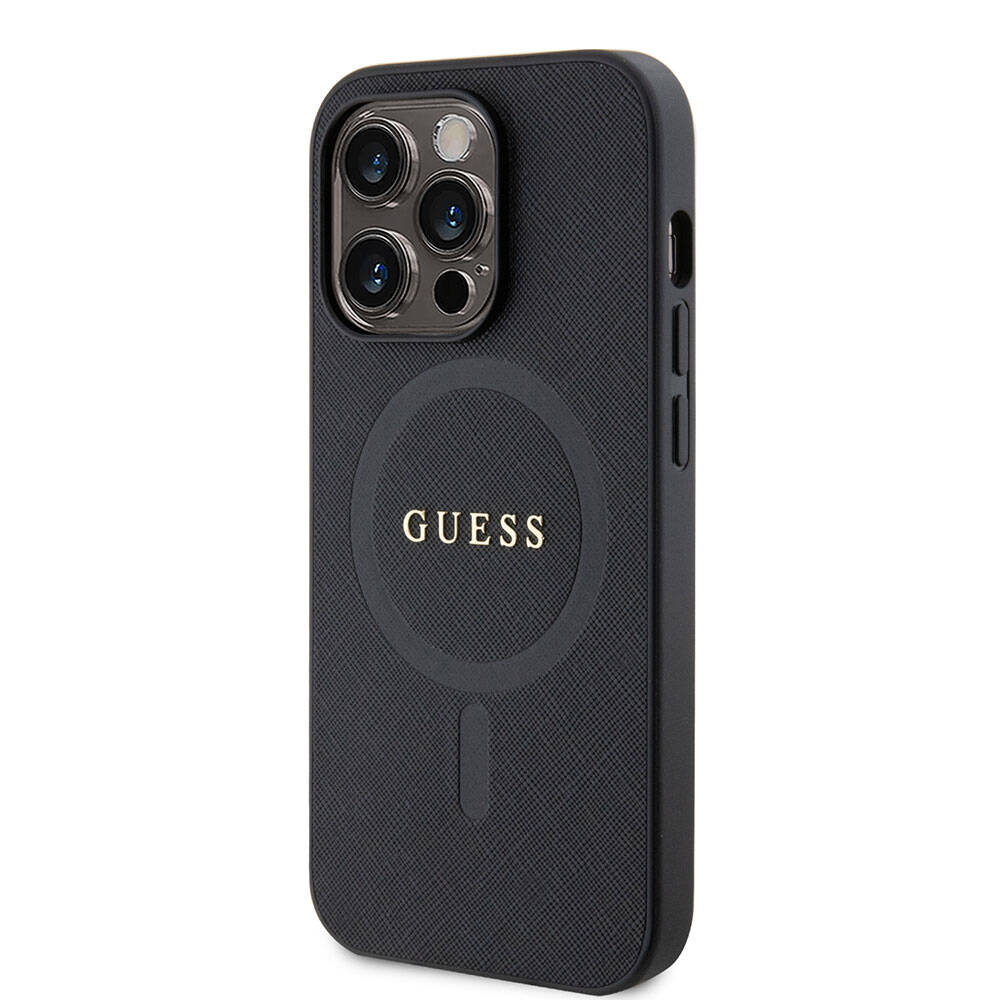 Guess iPhone 15 Pro Orjinal Lisanslı Magsafe Şarj Özellikli Yazı Logolu Saffiano Telefon Kılıfı