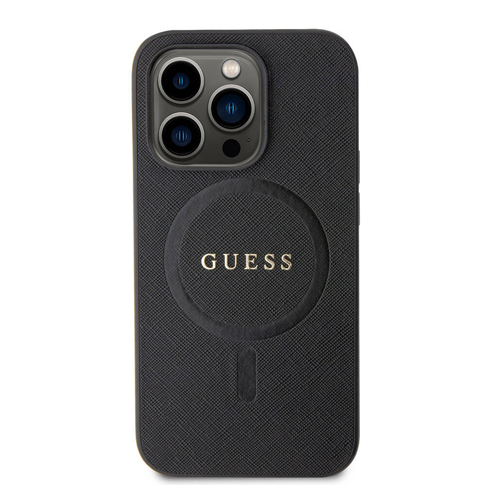 Guess iPhone 15 Pro Orjinal Lisanslı Magsafe Şarj Özellikli Yazı Logolu Saffiano Telefon Kılıfı