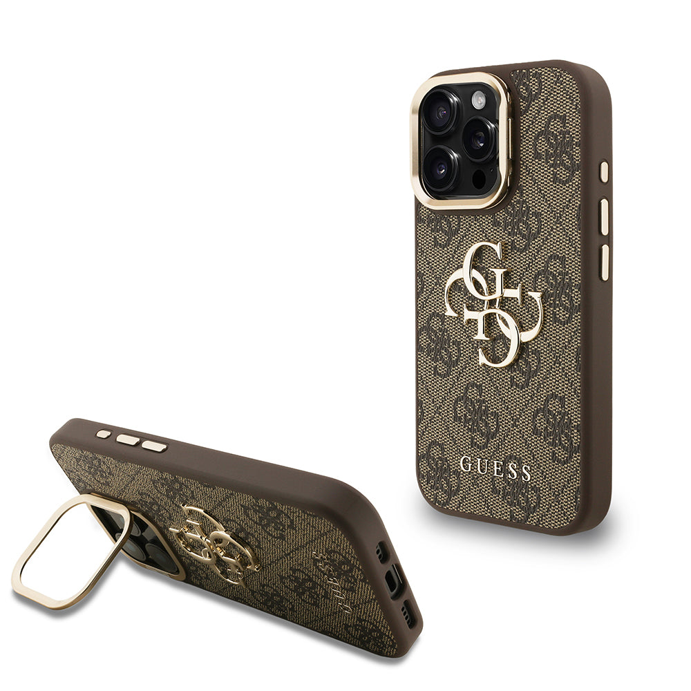 Guess iPhone 15 Pro Orjinal Lisanslı PU Deri 4G Desenli Metal Büyük 4G ve Yazı Logolu Kamera Standlı Kılıf