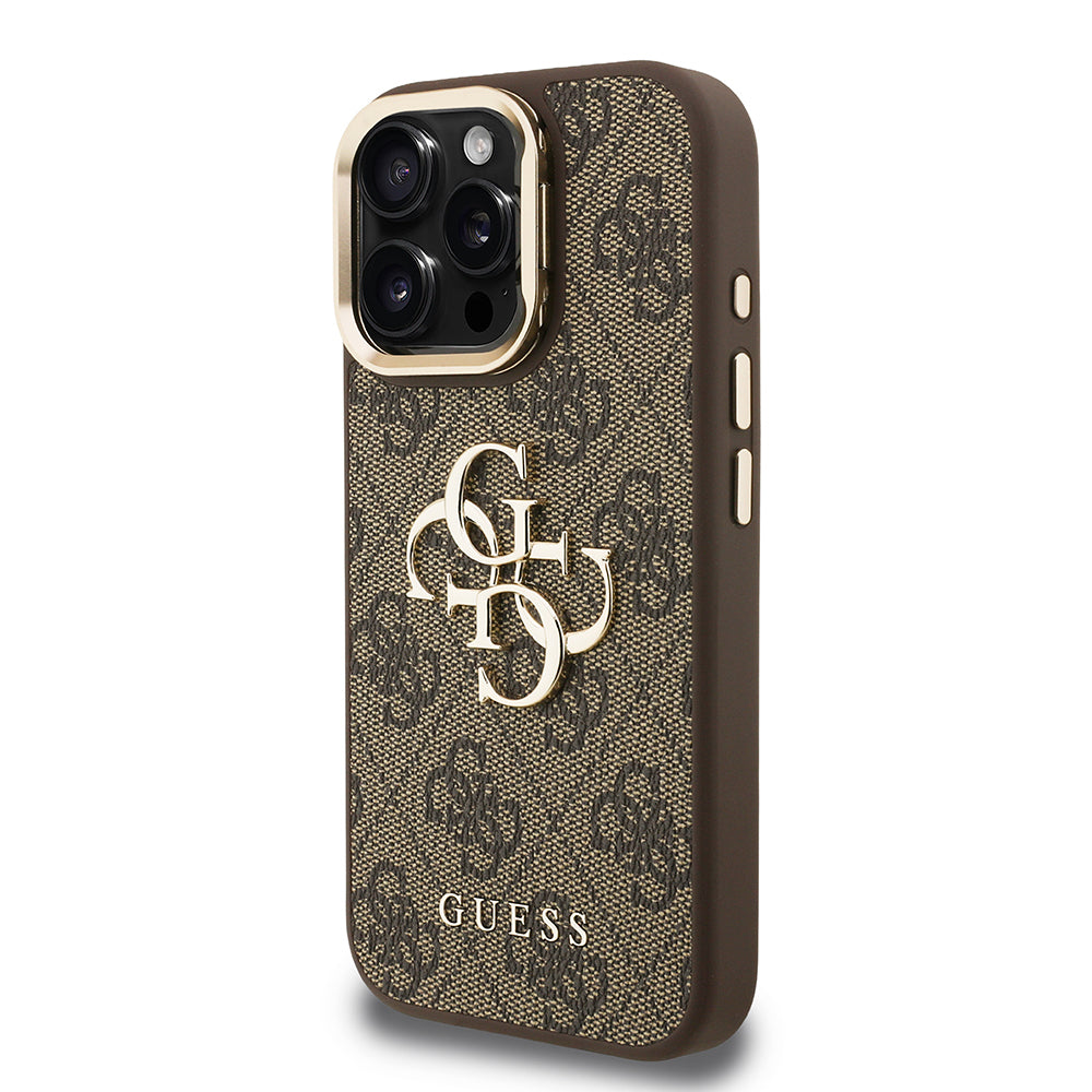 Guess iPhone 15 Pro Orjinal Lisanslı PU Deri 4G Desenli Metal Büyük 4G ve Yazı Logolu Kamera Standlı Kılıf