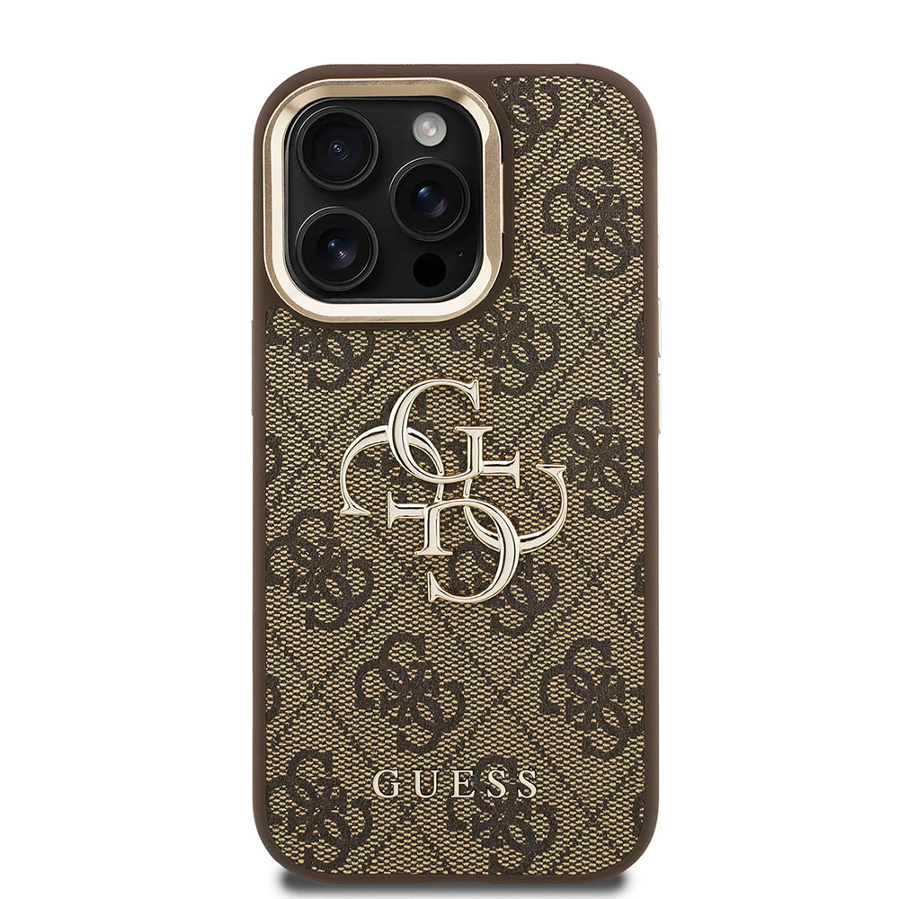 Guess iPhone 15 Pro Orjinal Lisanslı PU Deri 4G Desenli Metal Büyük 4G ve Yazı Logolu Kamera Standlı Kılıf