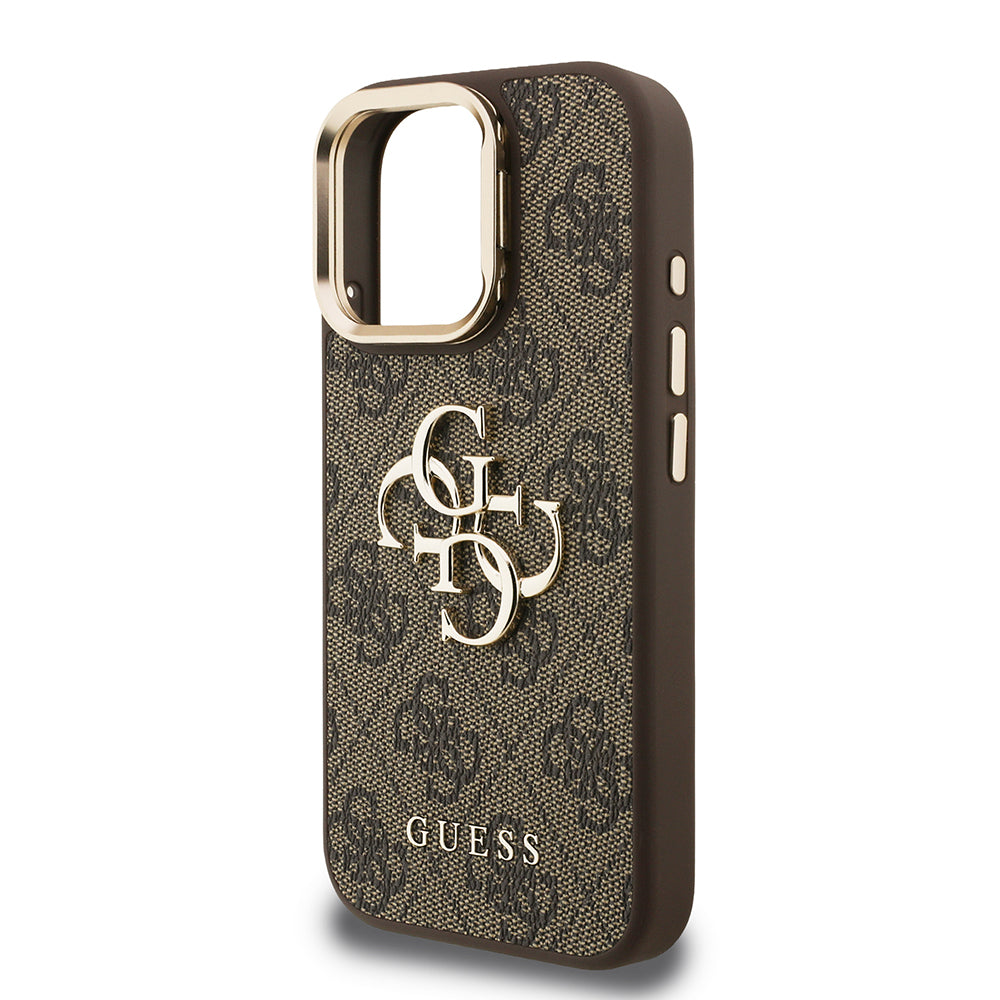 Guess iPhone 15 Pro Orjinal Lisanslı PU Deri 4G Desenli Metal Büyük 4G ve Yazı Logolu Kamera Standlı Kılıf