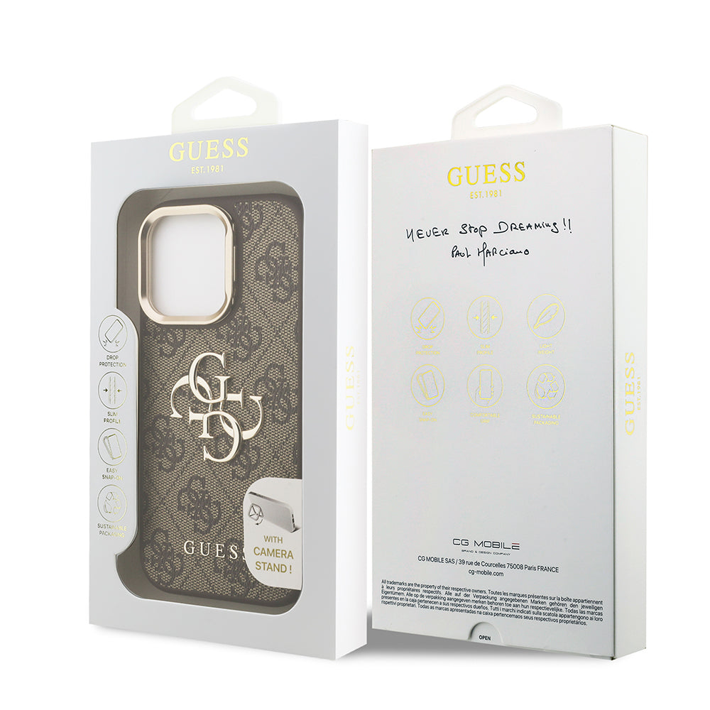 Guess iPhone 15 Pro Orjinal Lisanslı PU Deri 4G Desenli Metal Büyük 4G ve Yazı Logolu Kamera Standlı Kılıf