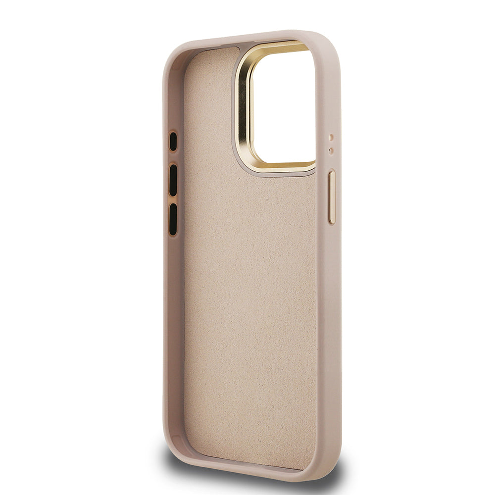 Guess iPhone 15 Pro Orjinal Lisanslı PU Deri 4G Desenli Metal Büyük 4G ve Yazı Logolu Kamera Standlı Kılıf