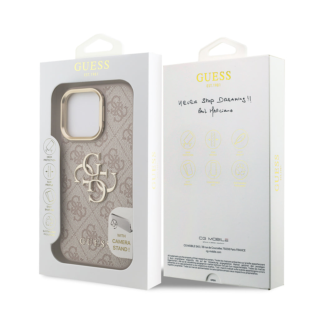 Guess iPhone 15 Pro Orjinal Lisanslı PU Deri 4G Desenli Metal Büyük 4G ve Yazı Logolu Kamera Standlı Kılıf