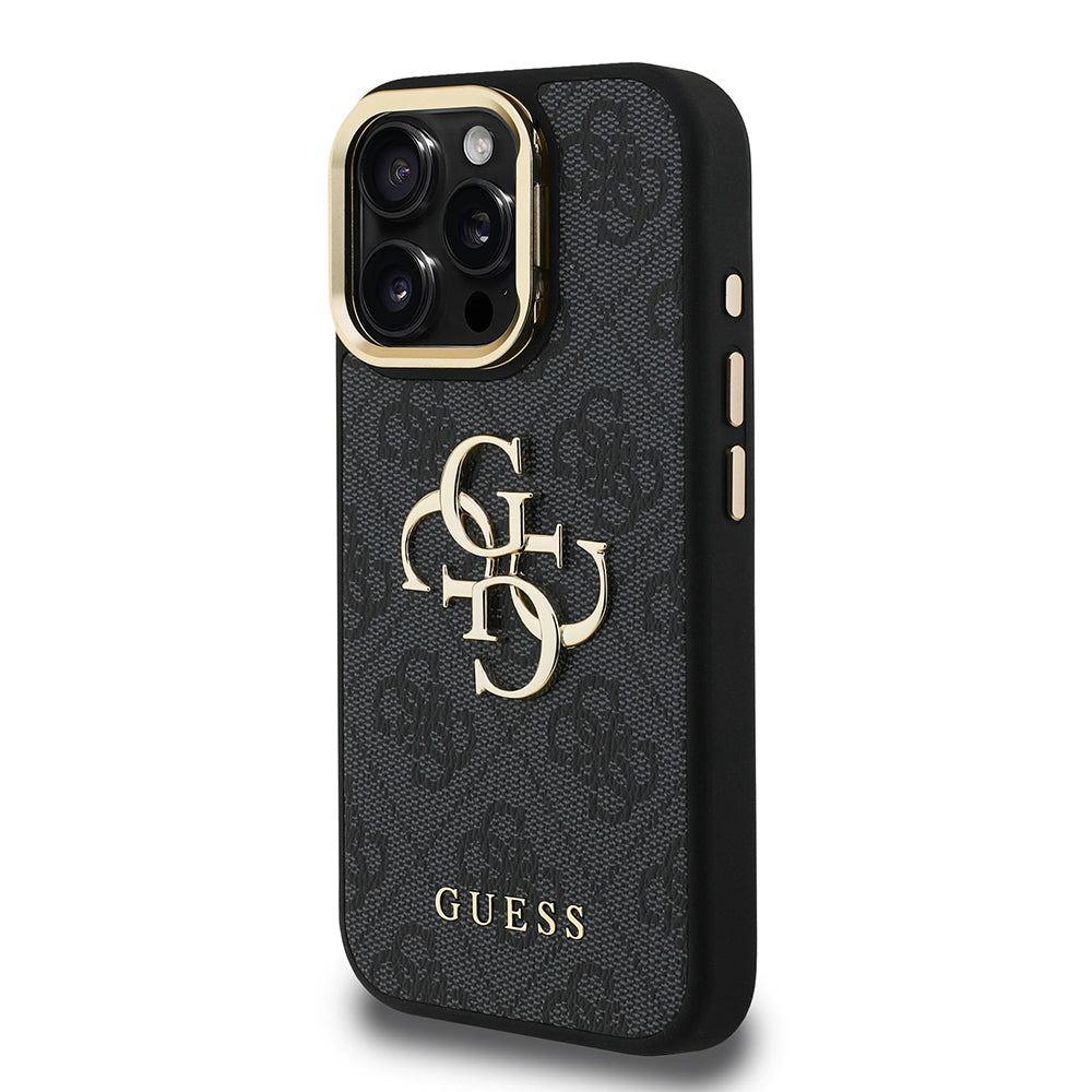Guess iPhone 15 Pro Orjinal Lisanslı PU Deri 4G Desenli Metal Büyük 4G ve Yazı Logolu Kamera Standlı Kılıf