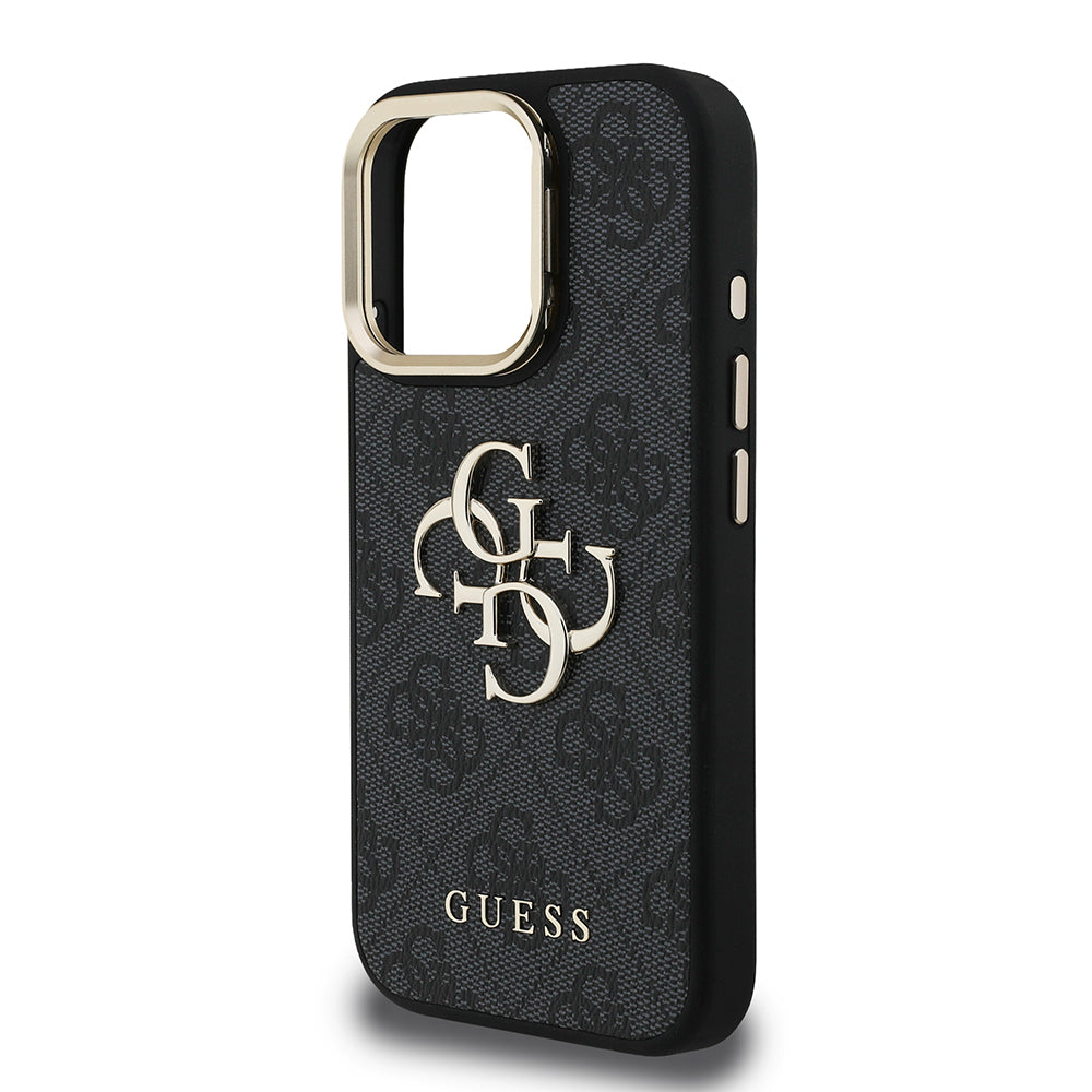 Guess iPhone 15 Pro Orjinal Lisanslı PU Deri 4G Desenli Metal Büyük 4G ve Yazı Logolu Kamera Standlı Kılıf