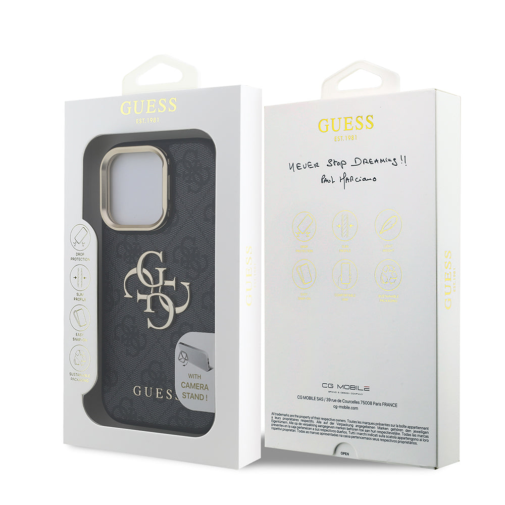Guess iPhone 15 Pro Orjinal Lisanslı PU Deri 4G Desenli Metal Büyük 4G ve Yazı Logolu Kamera Standlı Kılıf