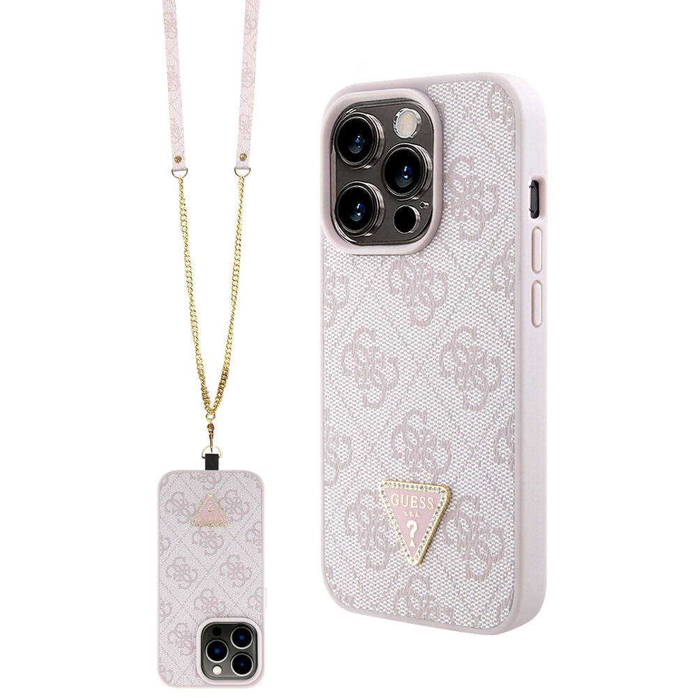 Guess iPhone 15 Pro Orjinal Lisanslı PU Deri Askılı Taşlı Üçgen Logo 4G Desenli Strass Crossbody Telefon Kılıfı - 1