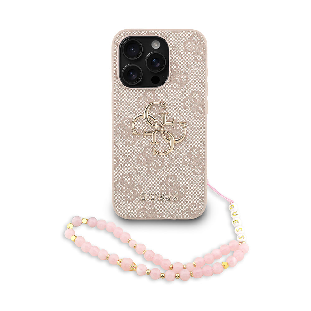 Guess iPhone 15 Pro Orjinal Lisanslı PU Deri Bilek Askı İpli Metal Büyük 4G ve Yazı Logolu Kılıf