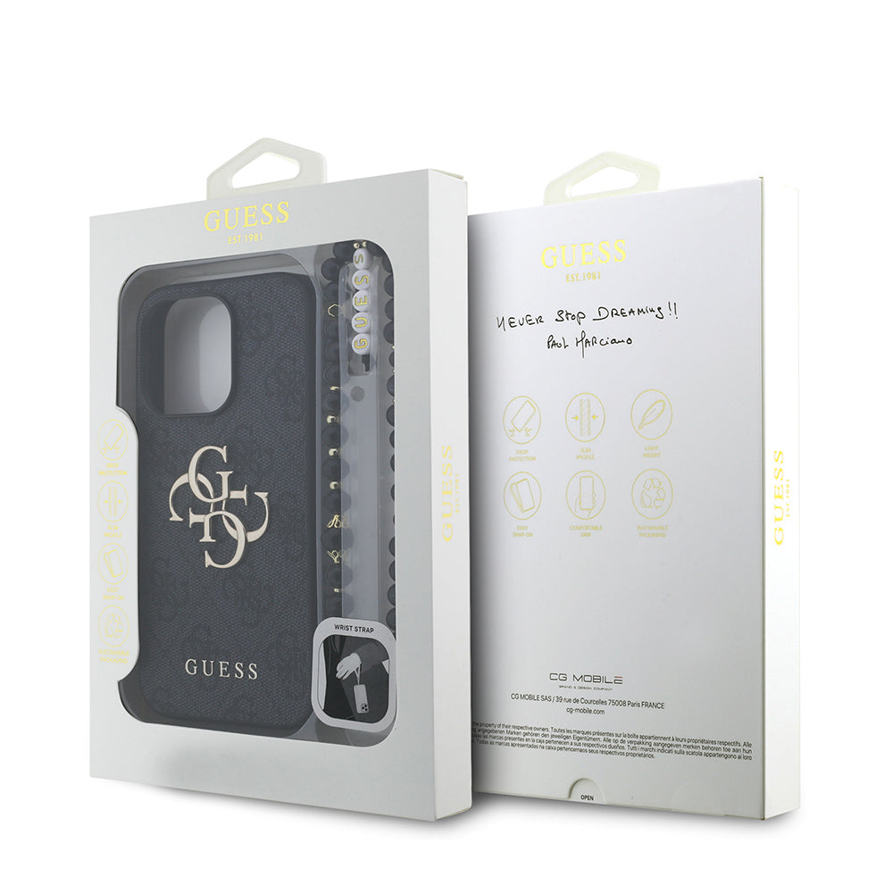 Guess iPhone 15 Pro Orjinal Lisanslı PU Deri Bilek Askı İpli Metal Büyük 4G ve Yazı Logolu Kılıf