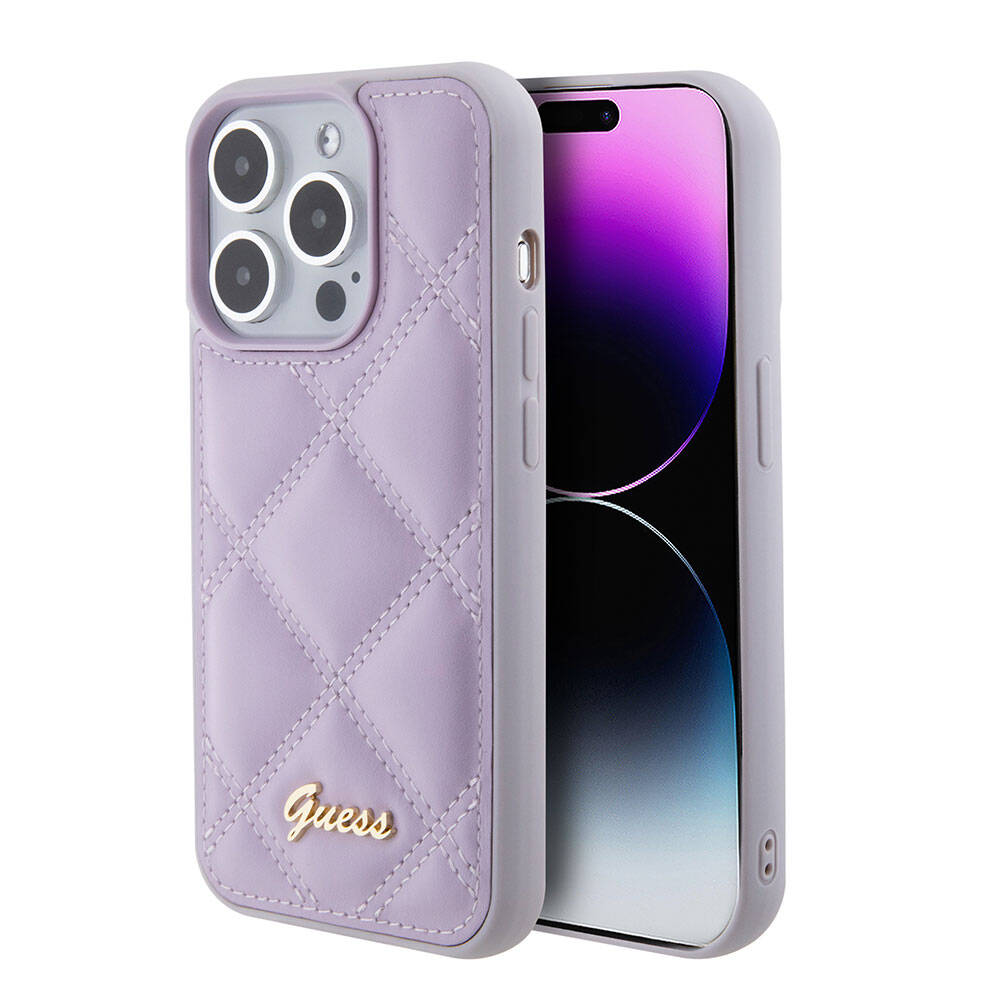Guess iPhone 15 Pro Orjinal Lisanslı PU Deri Metal Yazı Logolu Kapitone Telefon Kılıfı