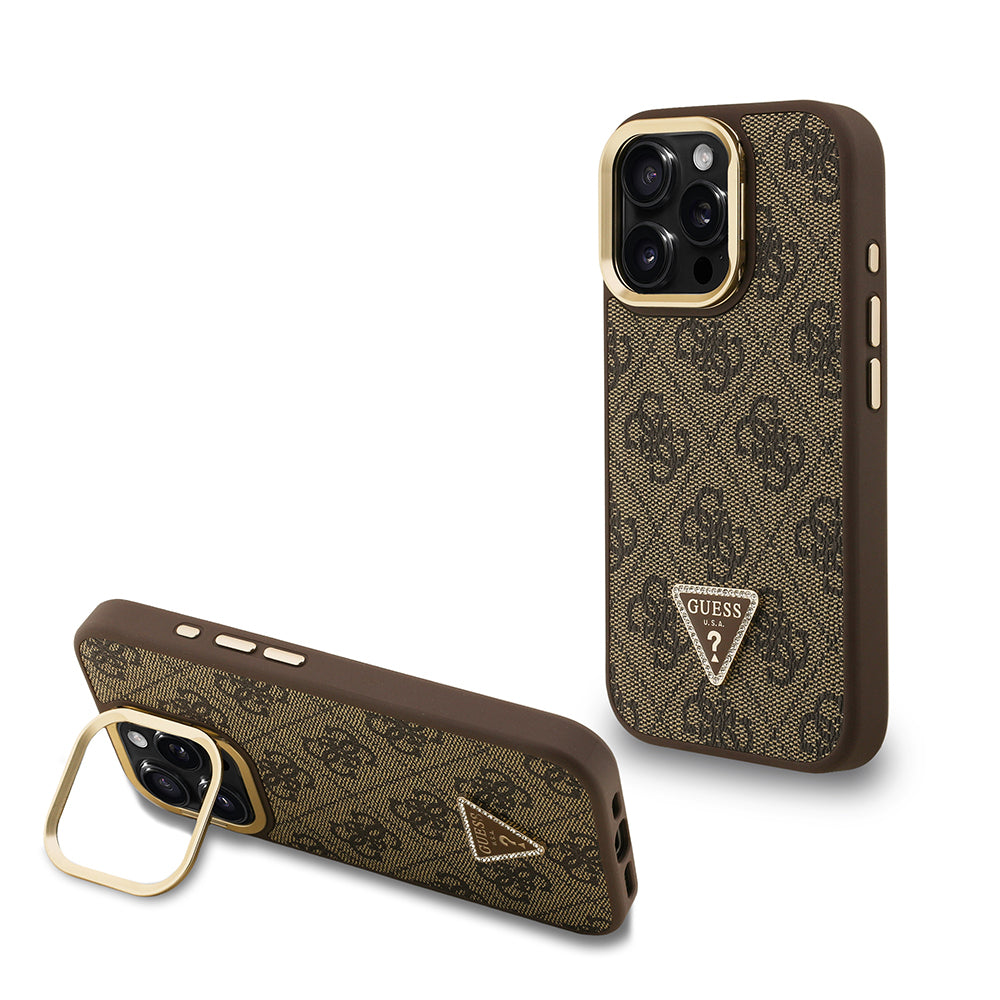 Guess iPhone 15 Pro Orjinal Lisanslı PU Deri Taşlı Üçgen Logo 4G Desenli Kamera Standlı Kılıf