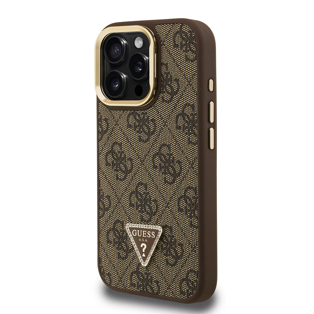 Guess iPhone 15 Pro Orjinal Lisanslı PU Deri Taşlı Üçgen Logo 4G Desenli Kamera Standlı Kılıf