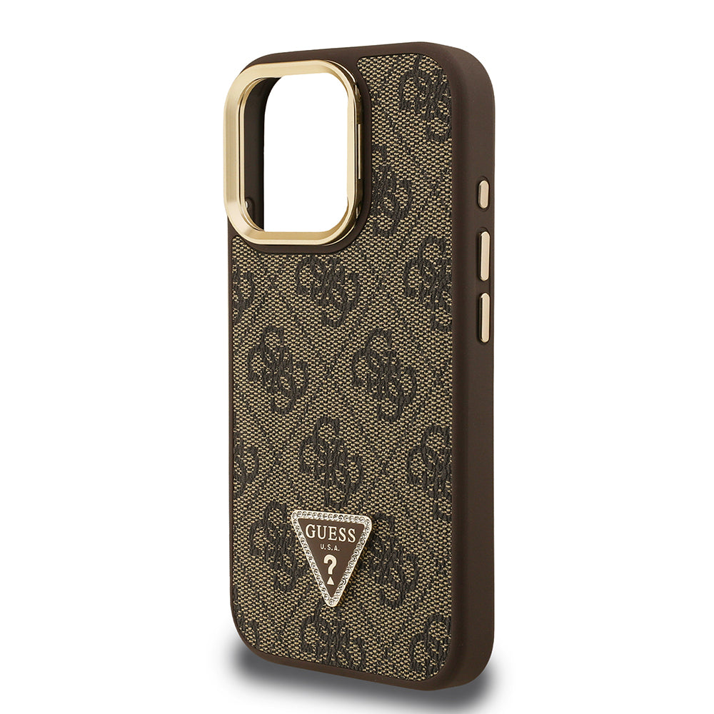 Guess iPhone 15 Pro Orjinal Lisanslı PU Deri Taşlı Üçgen Logo 4G Desenli Kamera Standlı Kılıf