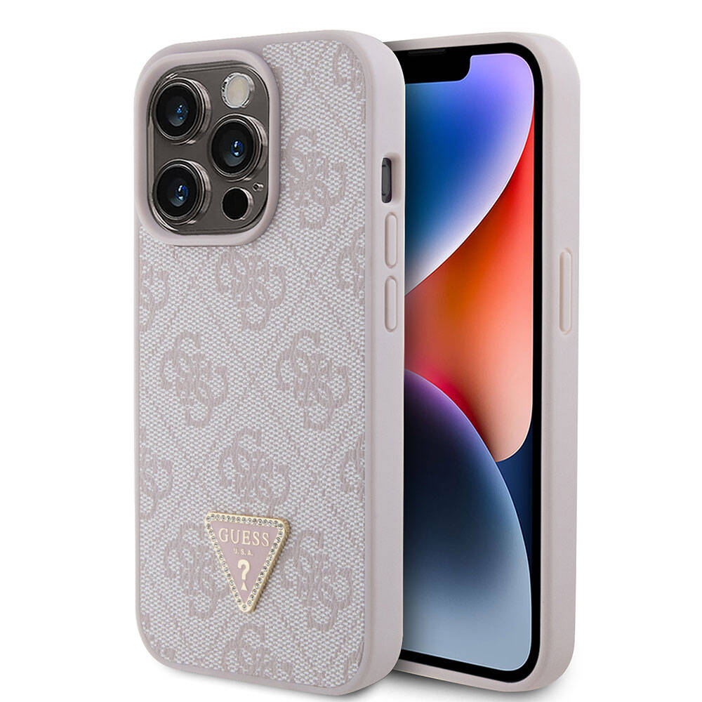 Guess iPhone 15 Pro Orjinal Lisanslı PU Deri Taşlı Üçgen Logo 4G Desenli Strass Telefon Kılıfı - 1