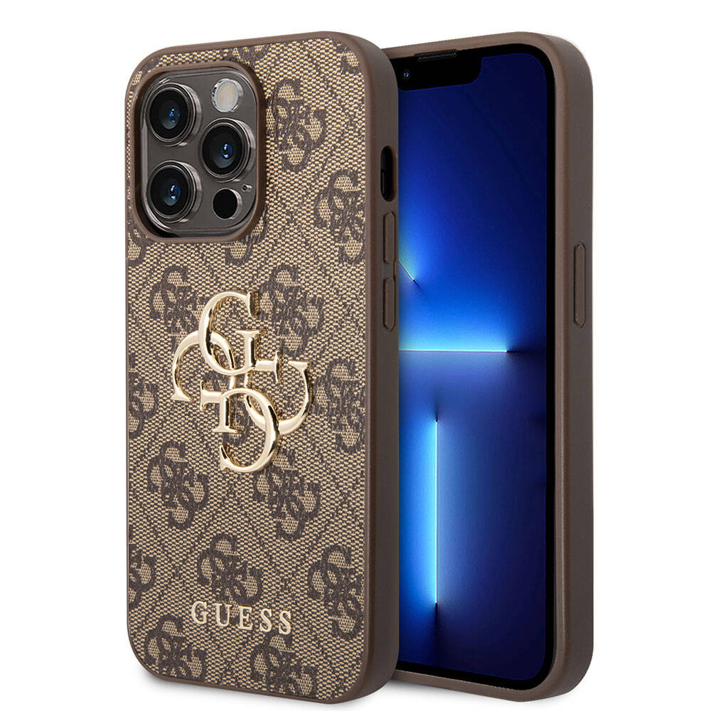 Guess iPhone 15 Pro Orjinal Lisanslı PU Deri Yazı ve 4G Metal Logolu Desenli Telefon Kılıfı - 1